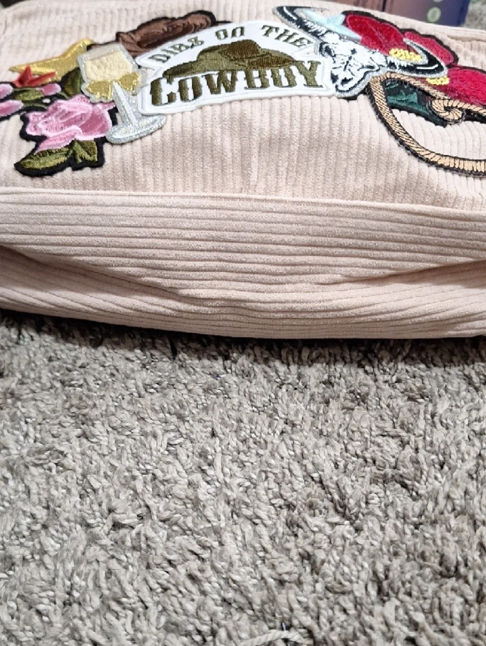 Blush Pink Embroidered Corduroy Zip Cosmetic Bag - 